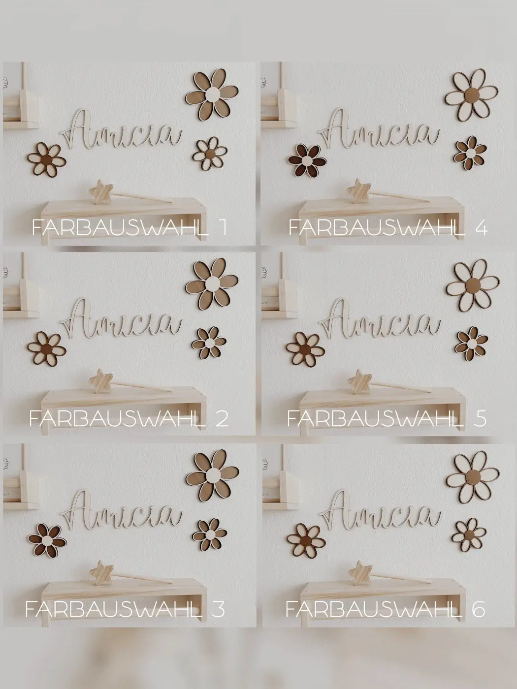 3 Holzblumen - Nussbraun Gänseblümchen Wanddeko für Kinderzimmer und Babyzimmer