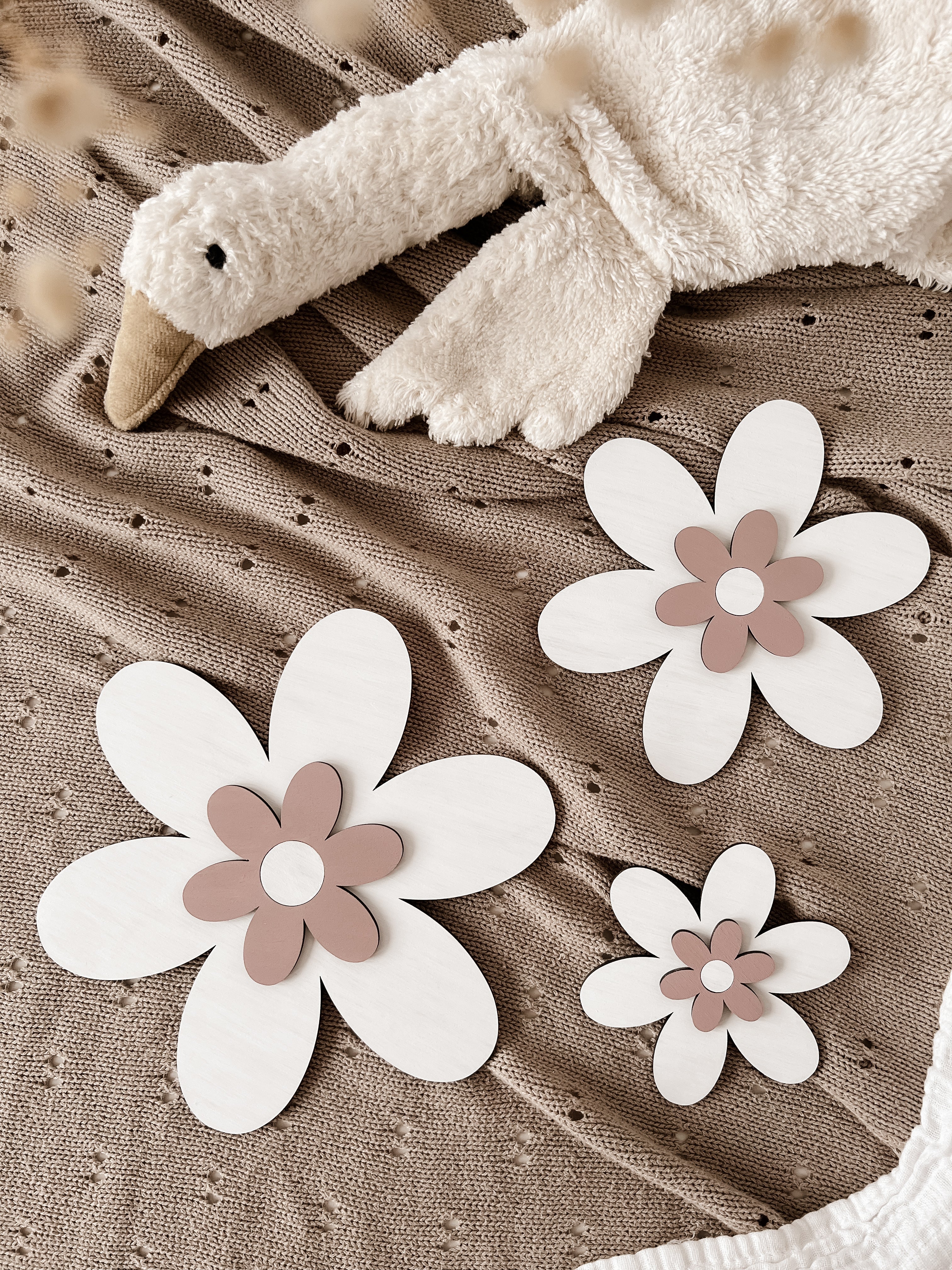 3 Holzblumen - weiß, rosé/violett - BohoWildflowerVibes