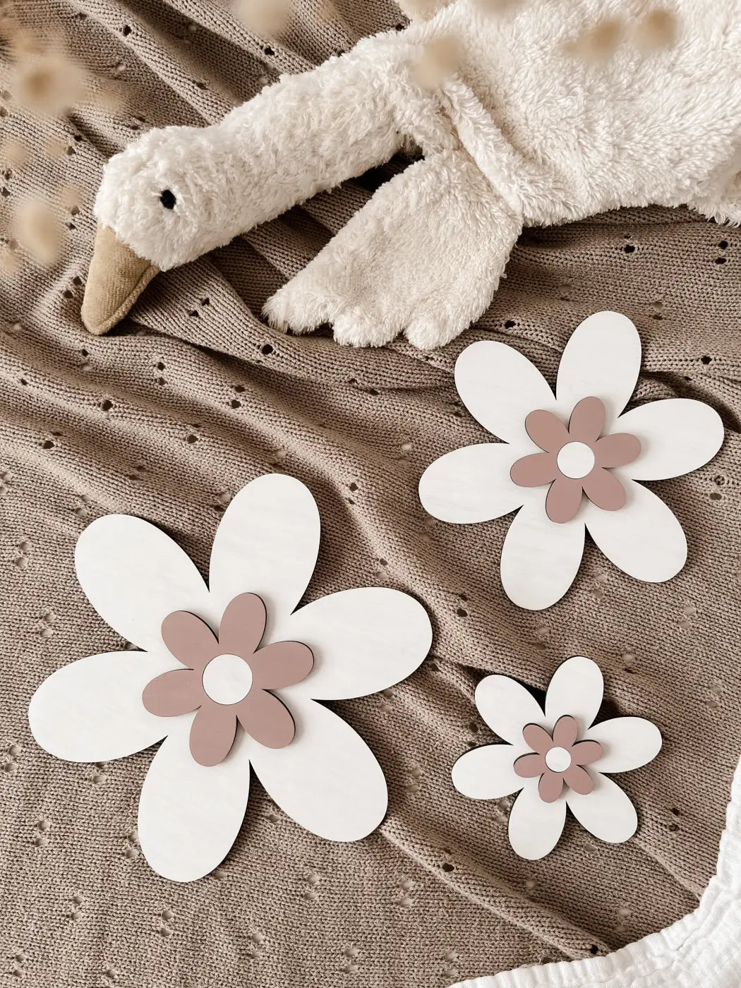 3 Holzblumen - weiß, rosé/violett - BohoWildflowerVibes