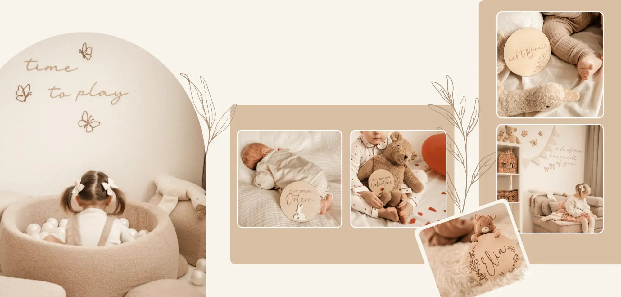 Beige Plüsch-Baby-Spielgitter mit weichem Innenraum und dekorativen Schmetterlingsmotiven auf der gebogenen Außenseite.