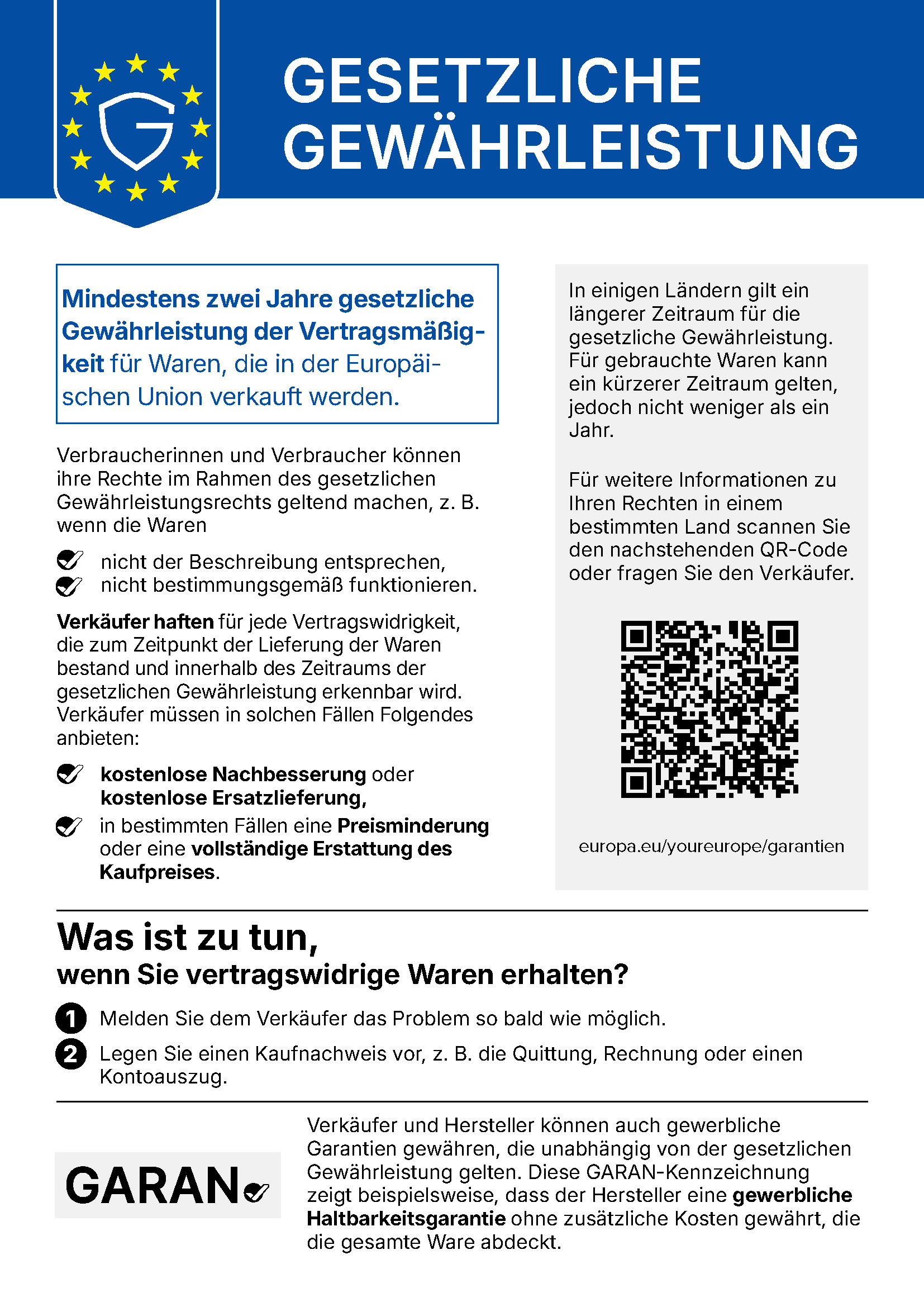 EU-Hinweis: Gesetzliche Gewährleistung – mindestens zwei Jahre für Waren, die in der Europäischen Union verkauft werden