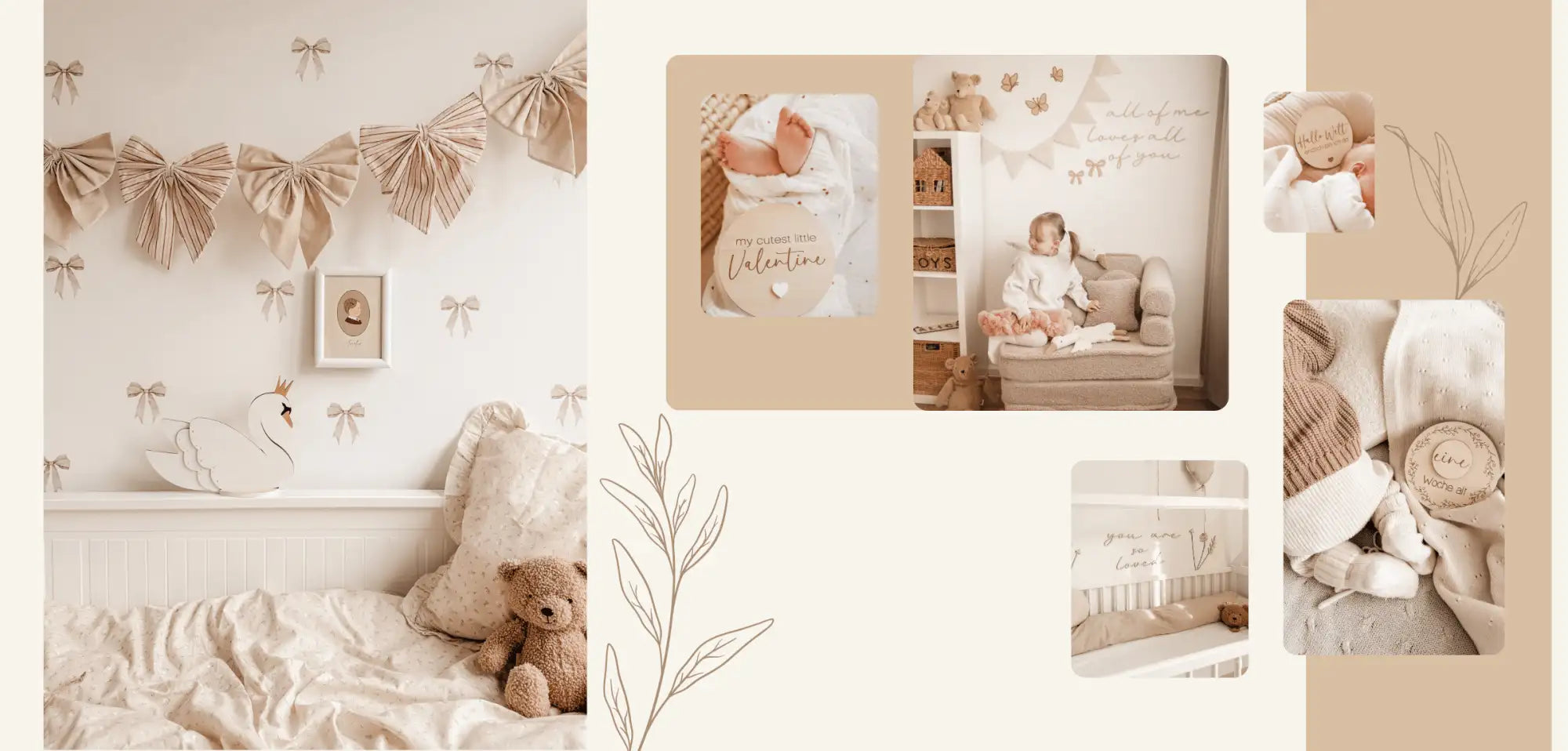 Weiche beige Stoffschleife-Girlande, die an der Wand hängt