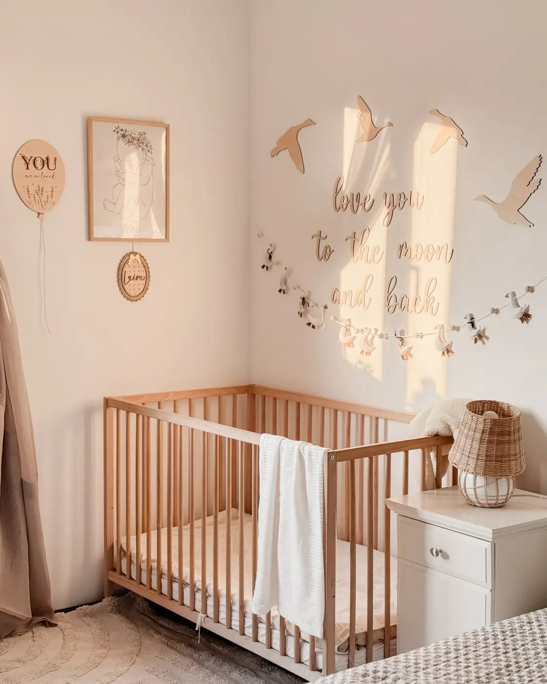 Light wood slat crib with white blanket and you are so loved ballon aus holz 3d wanddeko fürs babyzimmer